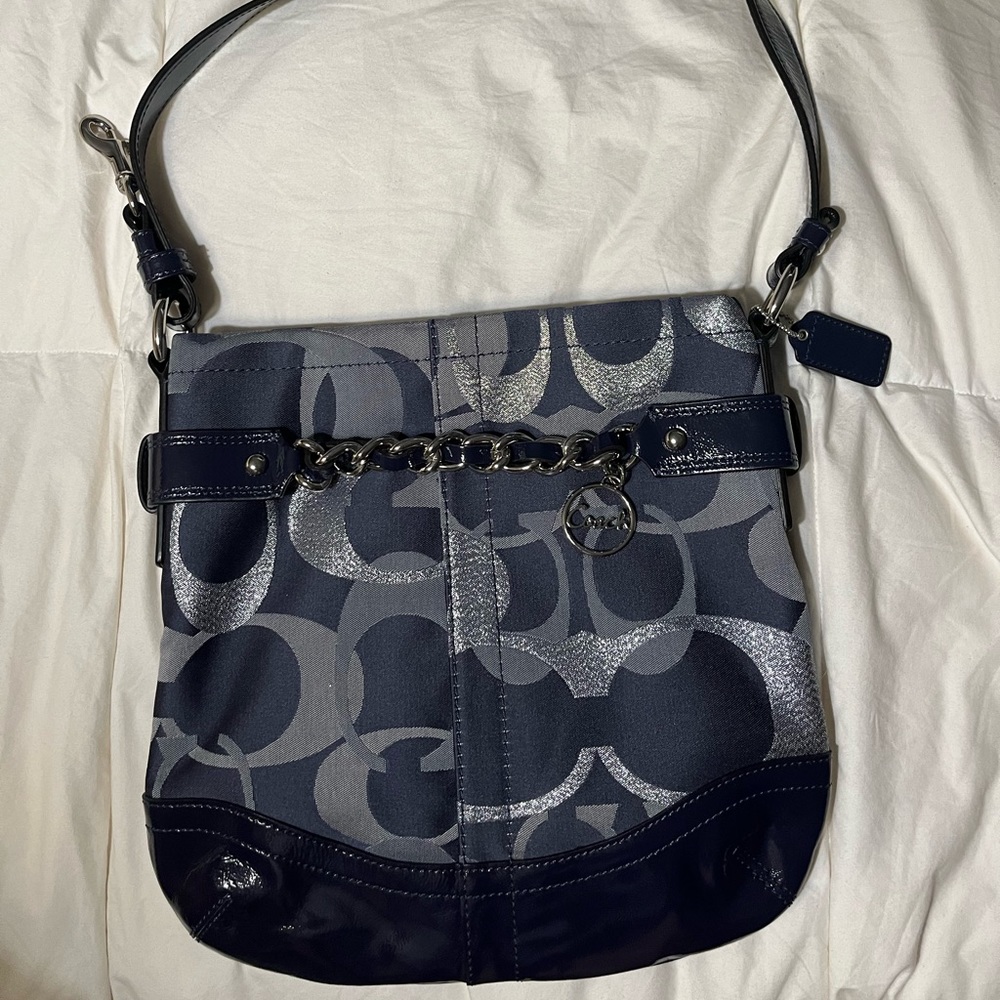 NEW Coach Navy Blue Silver Letters Long Strap Silver Chain Purse